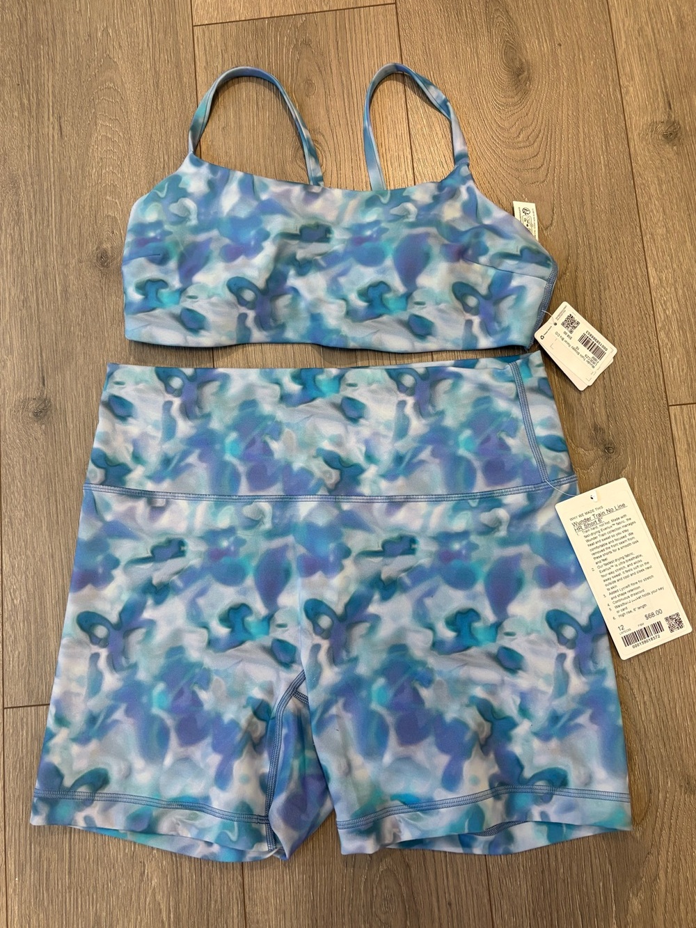 NWT Lululemon SET Size Large Wundertrain Bra & Biker Shorts Blue Glow Multi